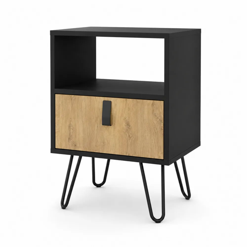 Table de chevet en bois et m¨¦tal avec tiroir et