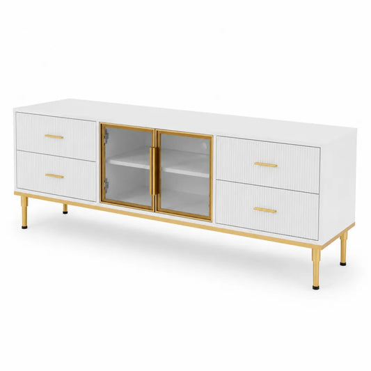 Meuble TV en bois blanc avec portes en verre et pieds m¨¦talliques