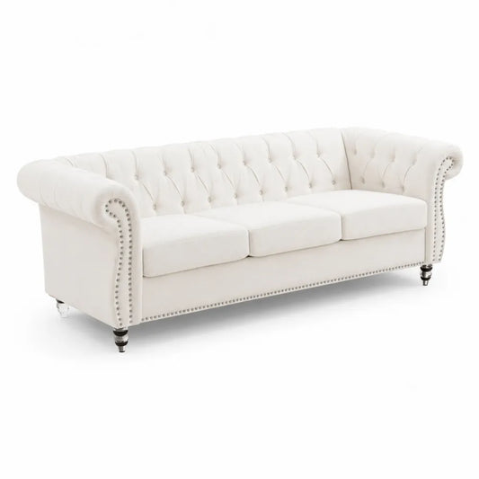 Canap¨¦ Chesterfield en velours cr¨¨me 3